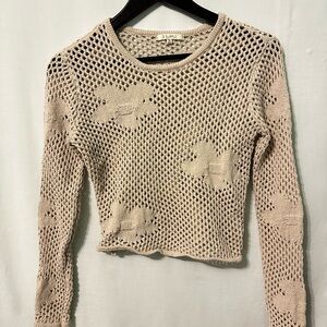 Z Supply Crochet Crop Cream Sweater Womens Size XS Flower Diamond Open Boho